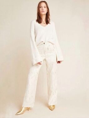 Anthropologie Kelyn Striped Trousers metallic gold white wide leg Porridge 6 NEW